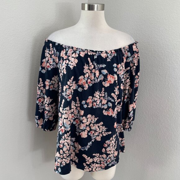 J Jill Womens XL Petite Navy Floral Off Shoulder Top 3/4 Sleeve Blouse Shirt - Picture 1 of 9